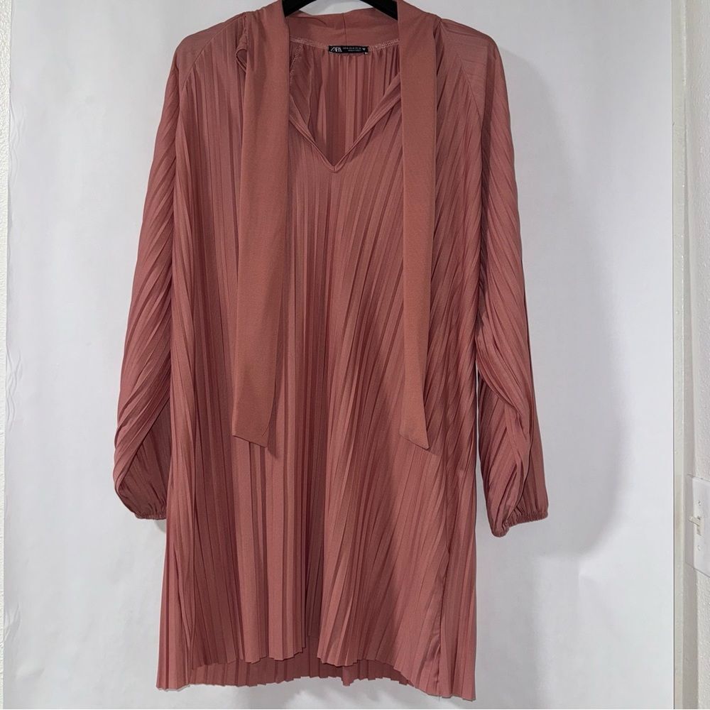 Zara Dusty Pink Pleated Midi Dress Medium with Bow Tie collar